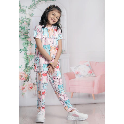 Black Lycra Blend Printed T-Shirt & Pant for Girls